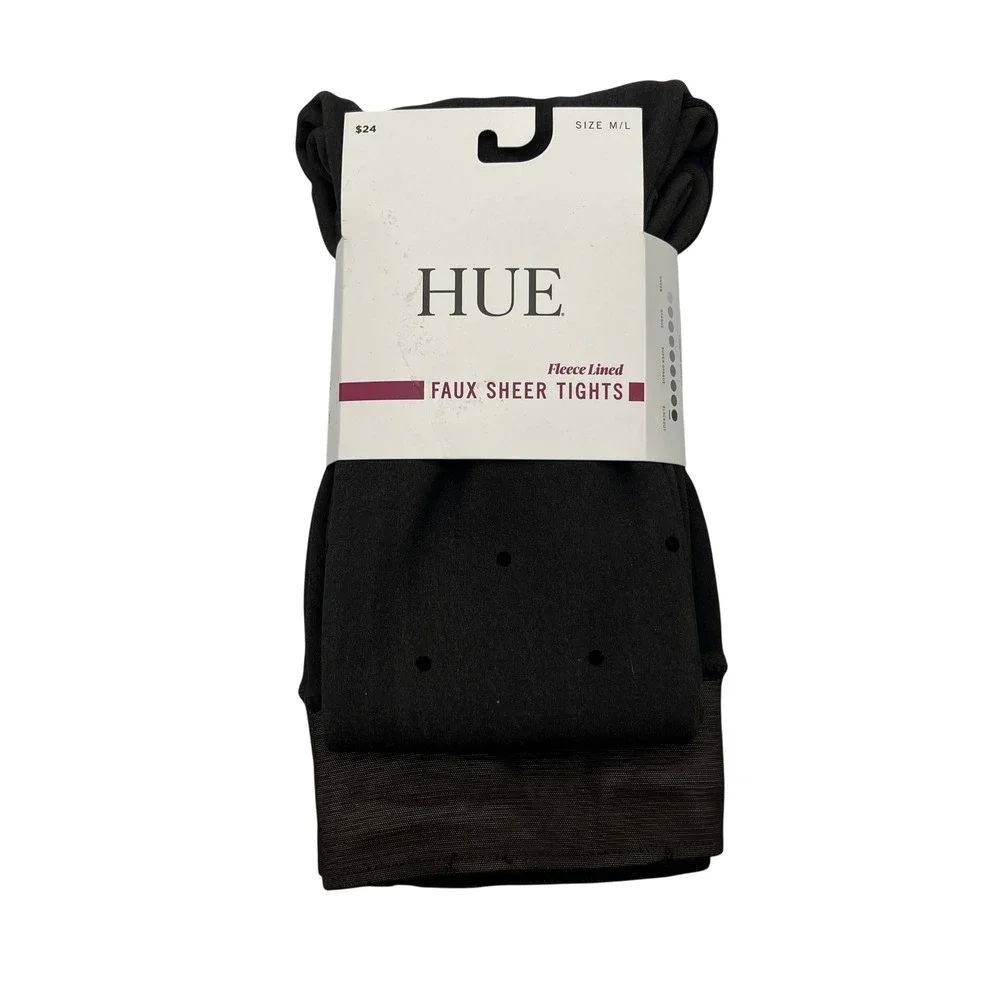 Hue Faux Sheer Tights Women M/L Black Polka Dot Fleece Lined Blackout U24395